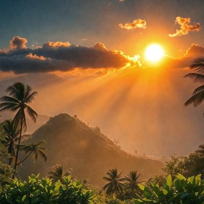 The image features a beautiful sunset over a lush green hillside. The sun is setting behind the hill, casting a warm glow over the landscape. The sky is filled with clouds, adding to the serene atmosphere. The scene is set in a tropical environment, with palm trees visible in the foreground. The primary subject of the image is the sunset and the picturesque hillside, creating a visually stunning and peaceful scene.